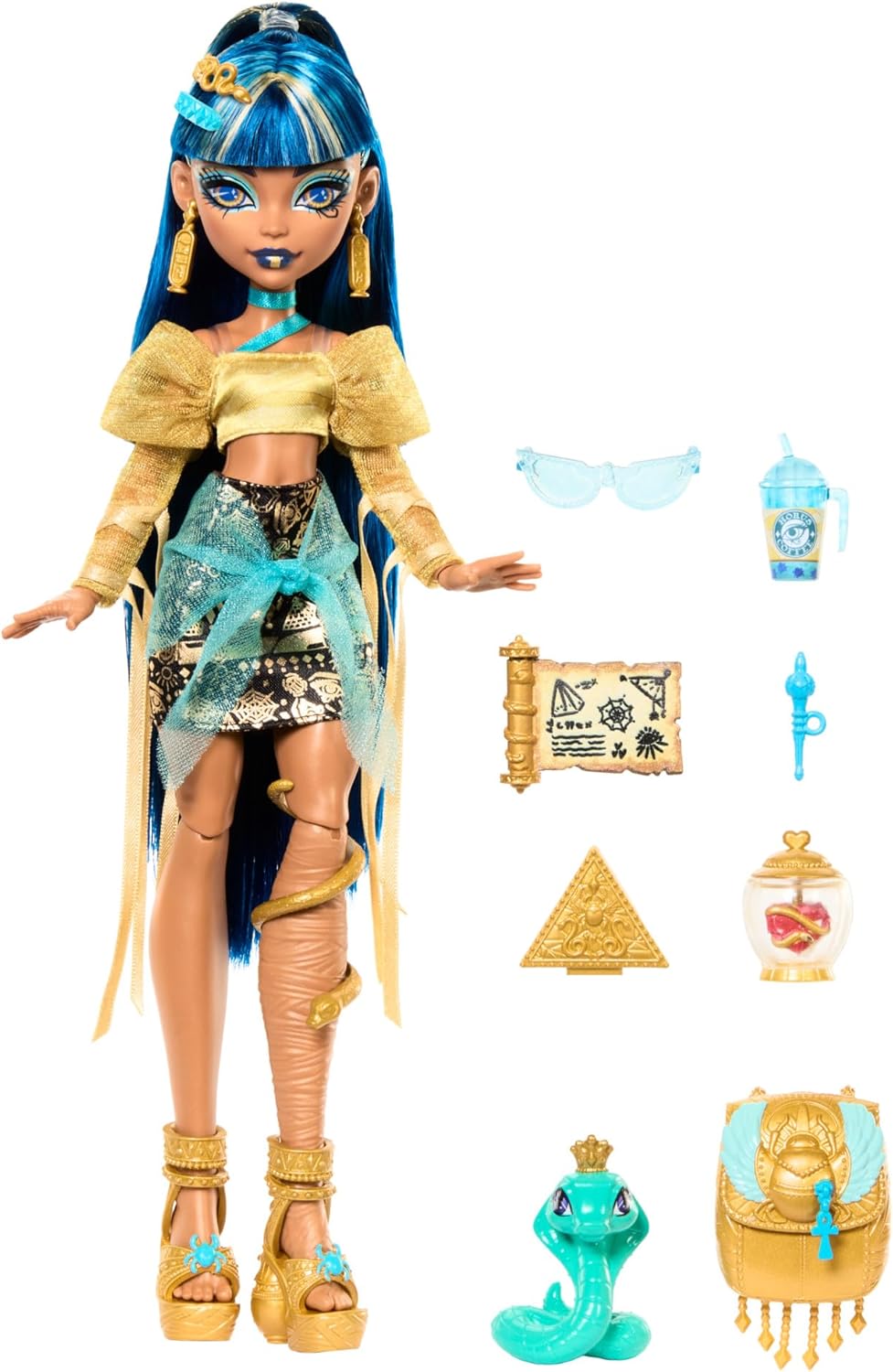 Monster High Cleo De Nile Doll in Golden Blouse & Layered Skirt, Includes Pet Cobra Hissette & Accessories like a Backpack, Snack & Scroll