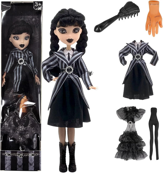 9''Addams Doll,Long Sleeve Dots Dress,Red Lips,Made to Move Addams Dolls,Birthday Gifts for Kids Girls Fans (Striped Skirt)