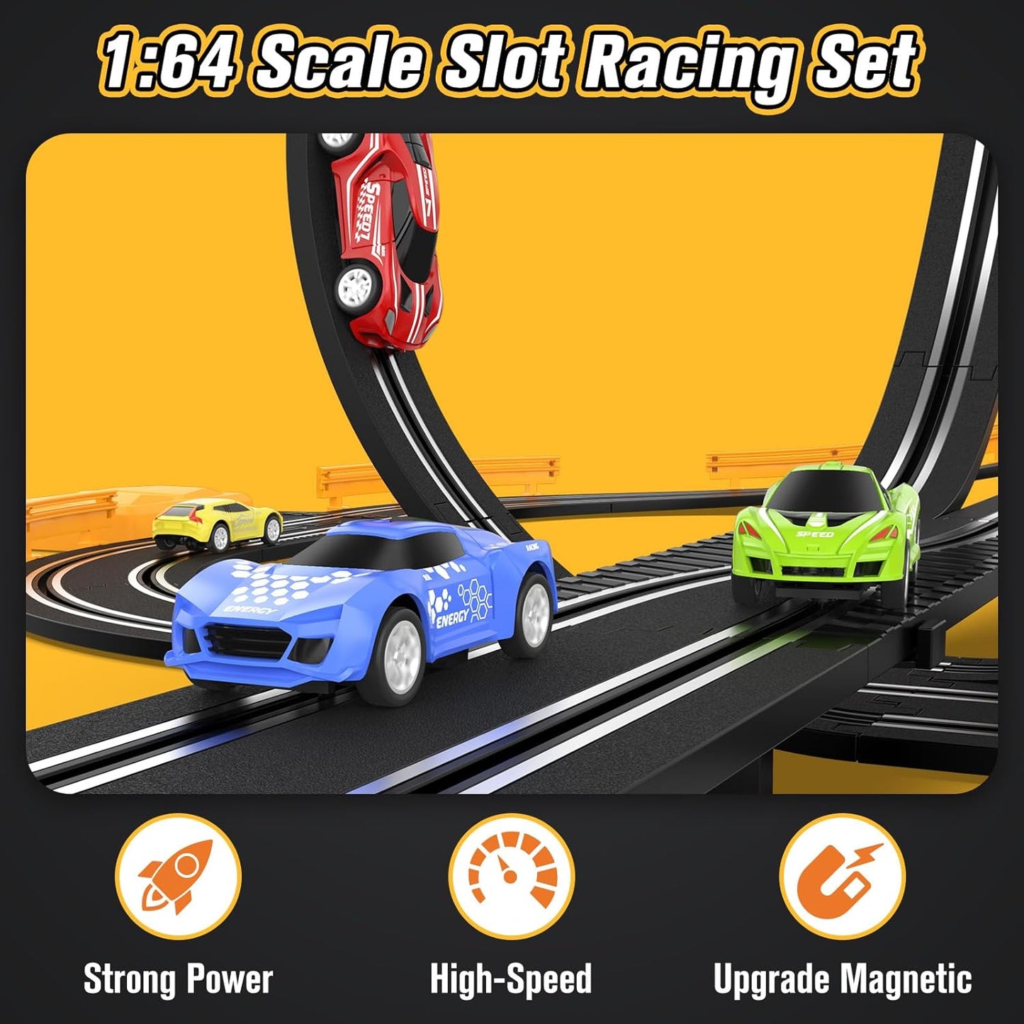 Slot Car Race Track Set for Boys and Girls – Battery or Electric Powered Dual Track Racing Game with 4 Fast Slot Cars, 2 Hand Controllers & Overpass – Perfect Toy Gift for Ages 6-12