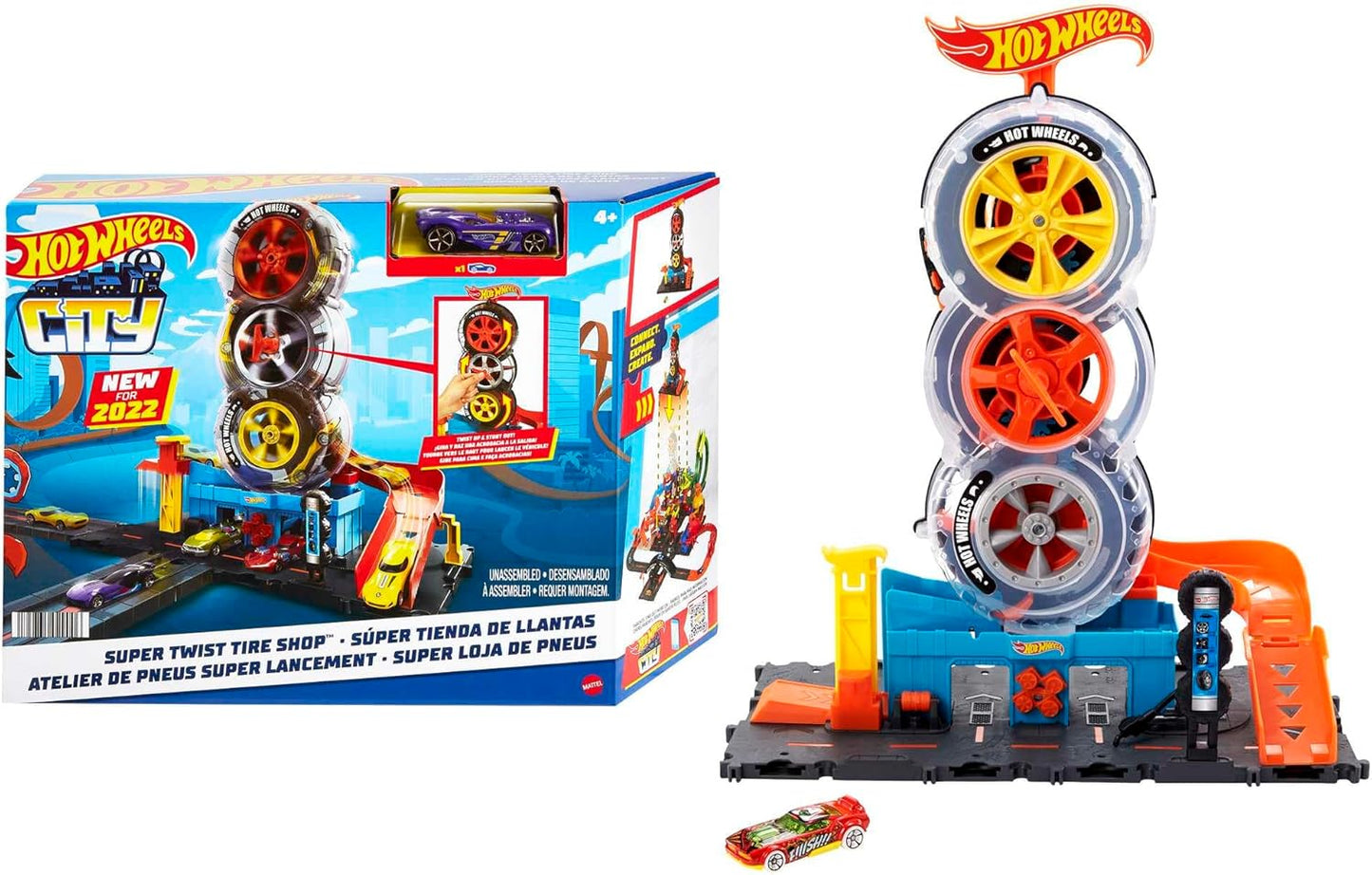 Hot Wheels City Super Twist Tire Shop Playset, Spin The Key to Make Cars Travel Through The Tires, Includes 1 Car, Gift for Kids 4 to 8 Years Old (Amazon Exclusive)