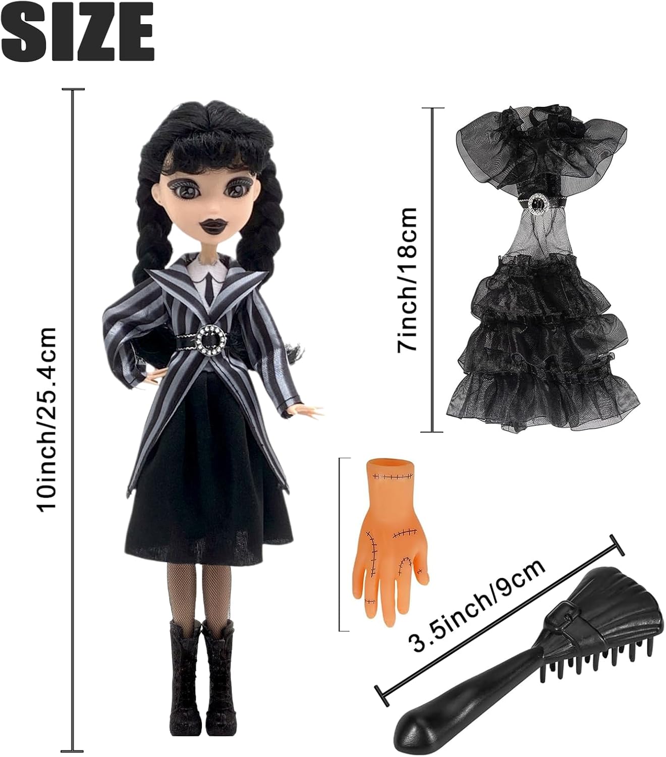 9''Addams Doll,Long Sleeve Dots Dress,Red Lips,Made to Move Addams Dolls,Birthday Gifts for Kids Girls Fans (Striped Skirt)