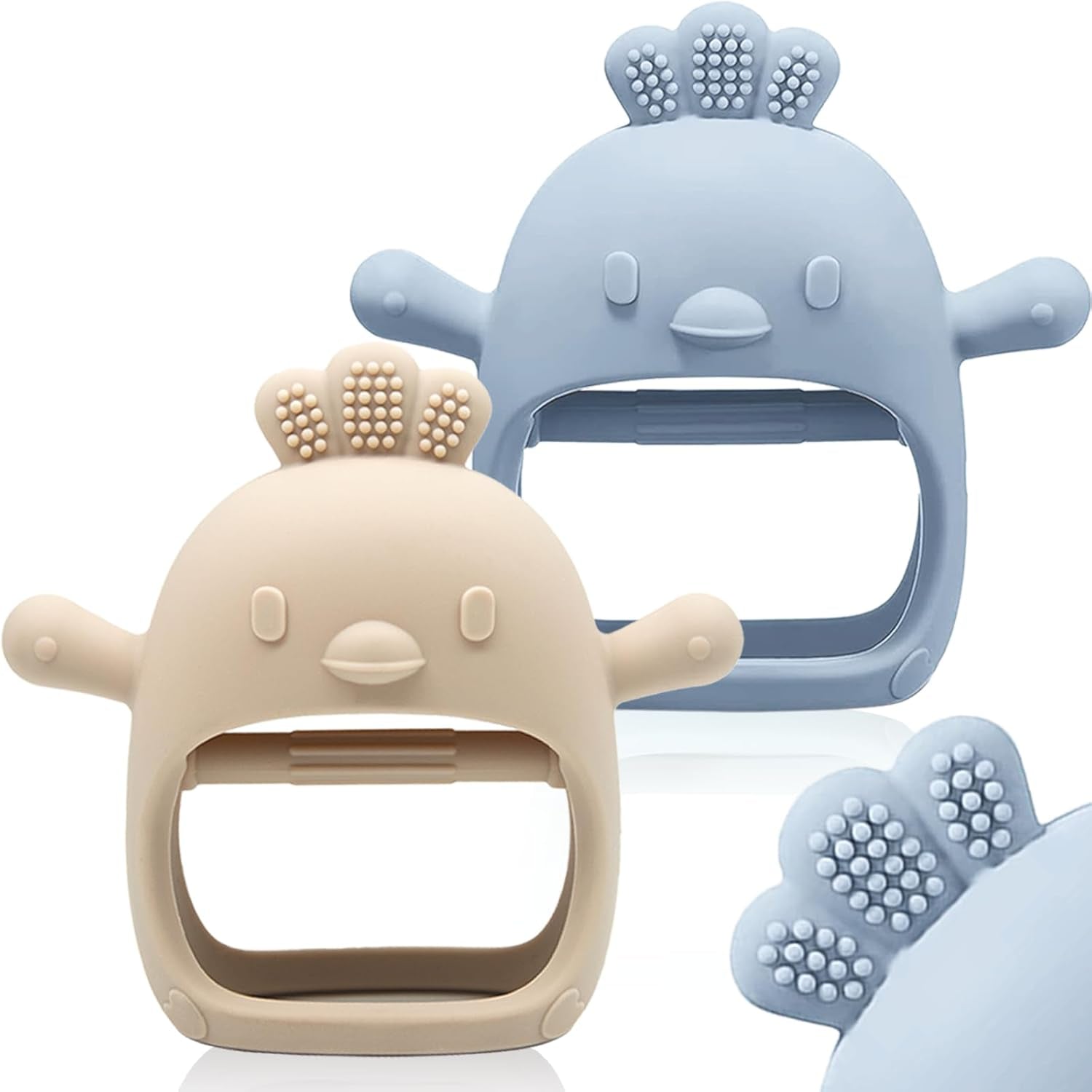 2 Packs Baby Teething Toy for 0-6 6-12 Months, Food Grade Silicone Teething Mitten, anti Dropping Wrist Hand Teethers Baby Chew Toys for Sucking Needs, BPA Free (Green & Caramel)