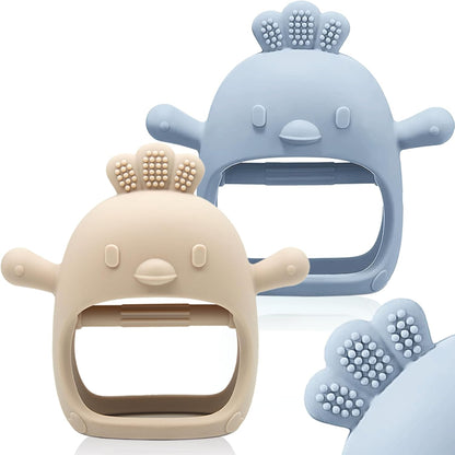 2 Packs Baby Teething Toy for 0-6 6-12 Months, Food Grade Silicone Teething Mitten, anti Dropping Wrist Hand Teethers Baby Chew Toys for Sucking Needs, BPA Free (Green & Caramel)