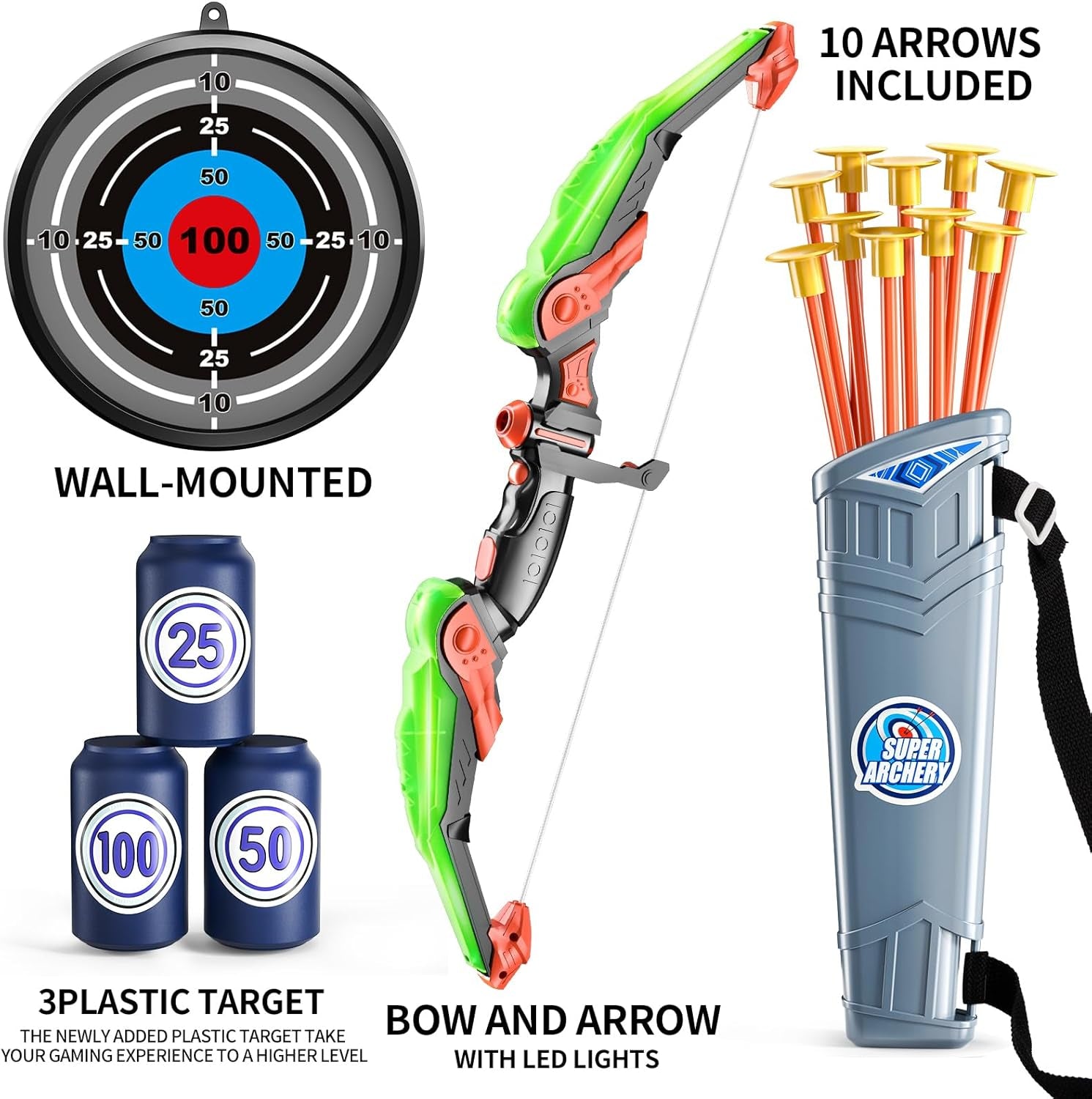 Bow and Arrow Set for Kids - Archery Toy Set - LED Light up with Suction Cup Arrows, Target & Quiver, Indoor and Outdoor Toys for Children Boys Girls