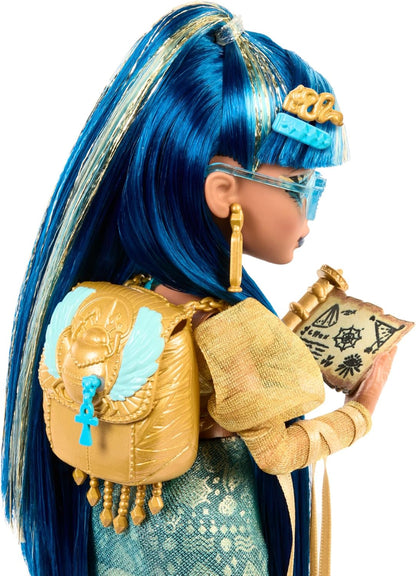 Monster High Cleo De Nile Doll in Golden Blouse & Layered Skirt, Includes Pet Cobra Hissette & Accessories like a Backpack, Snack & Scroll