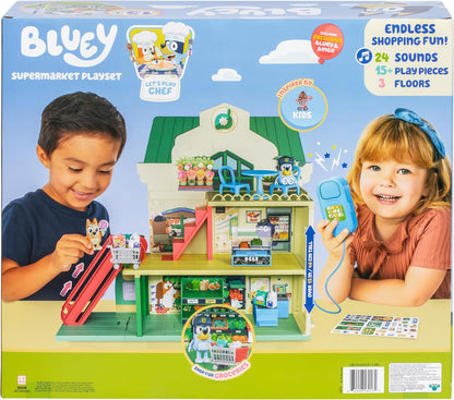 Bluey Supermarket Playset, 3 Different Levels with Exclusive Bluey and Bingo Figures. 24 Sounds and 15+ Play Pieces Plus Fun Intercom, Ages 3+