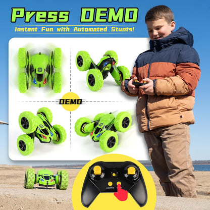 Threeking Remote Control Car RC Cars RC Stunt Car Toy with Lights Double-Sided Driving Indoor Outdoor Toys Gifts Presents for 6 7 8 9 10 11 12 Year Old Kids Boys Girls,Green
