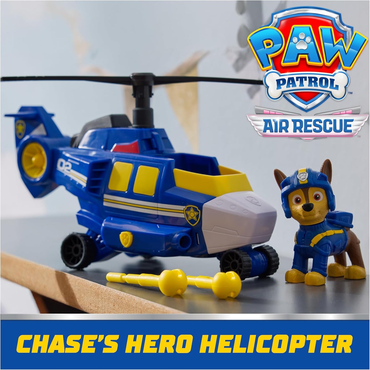 Air Rescue Chase Action Figure & Hero Helicopter Toy with Projectile Launcher & 2 Projectiles, Kids Toys for Boys & Girls Ages 3+