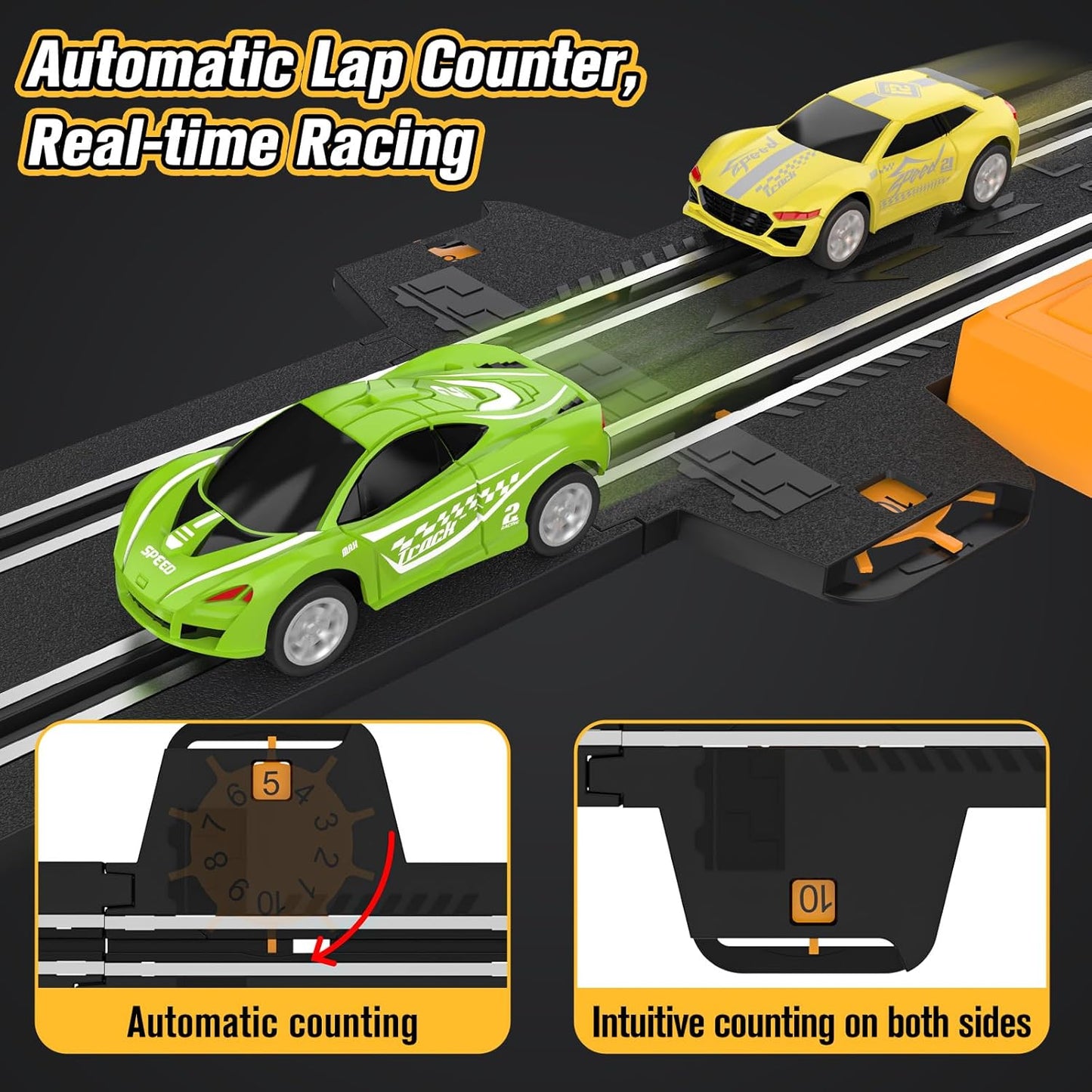 Slot Car Race Track Set for Boys and Girls – Battery or Electric Powered Dual Track Racing Game with 4 Fast Slot Cars, 2 Hand Controllers & Overpass – Perfect Toy Gift for Ages 6-12