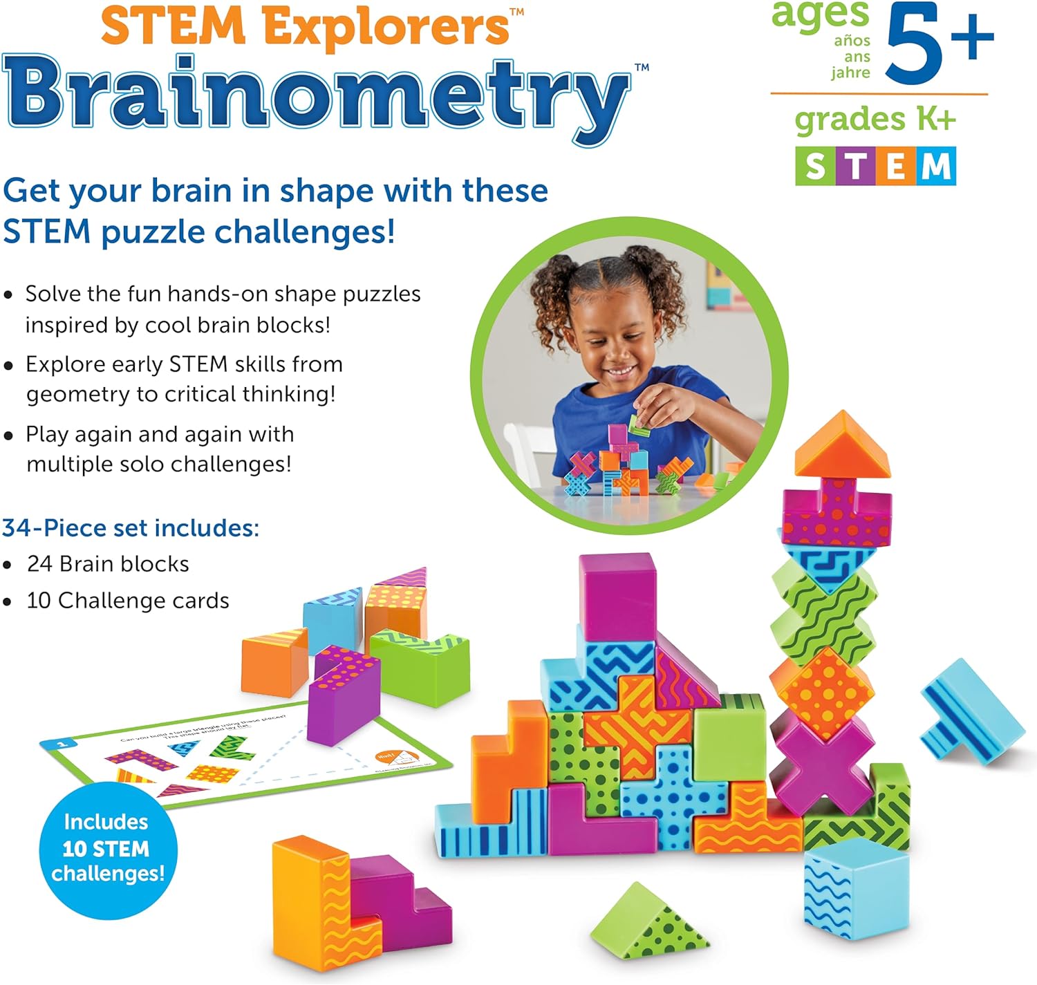 STEM Explorers Brainometry - 34 Pieces, Ages 5+ STEM Toys for Kids, Brain Teaser Toys and Games, Kindergarten Games,Back to School