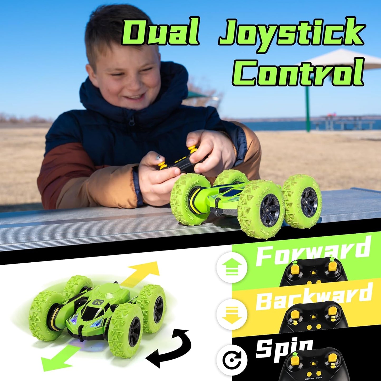 Threeking Remote Control Car RC Cars RC Stunt Car Toy with Lights Double-Sided Driving Indoor Outdoor Toys Gifts Presents for 6 7 8 9 10 11 12 Year Old Kids Boys Girls,Green