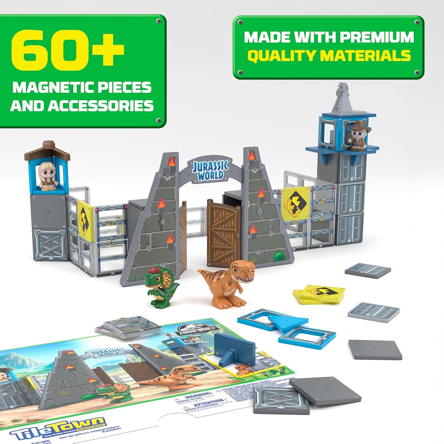 Tile Town Jurassic World Gate Escape Magnetic Tiles Set, 84 Piece Interactive Dinosaur STEM Toys Playset, Magnetic Animal Tiles for Kids Ages 3-6