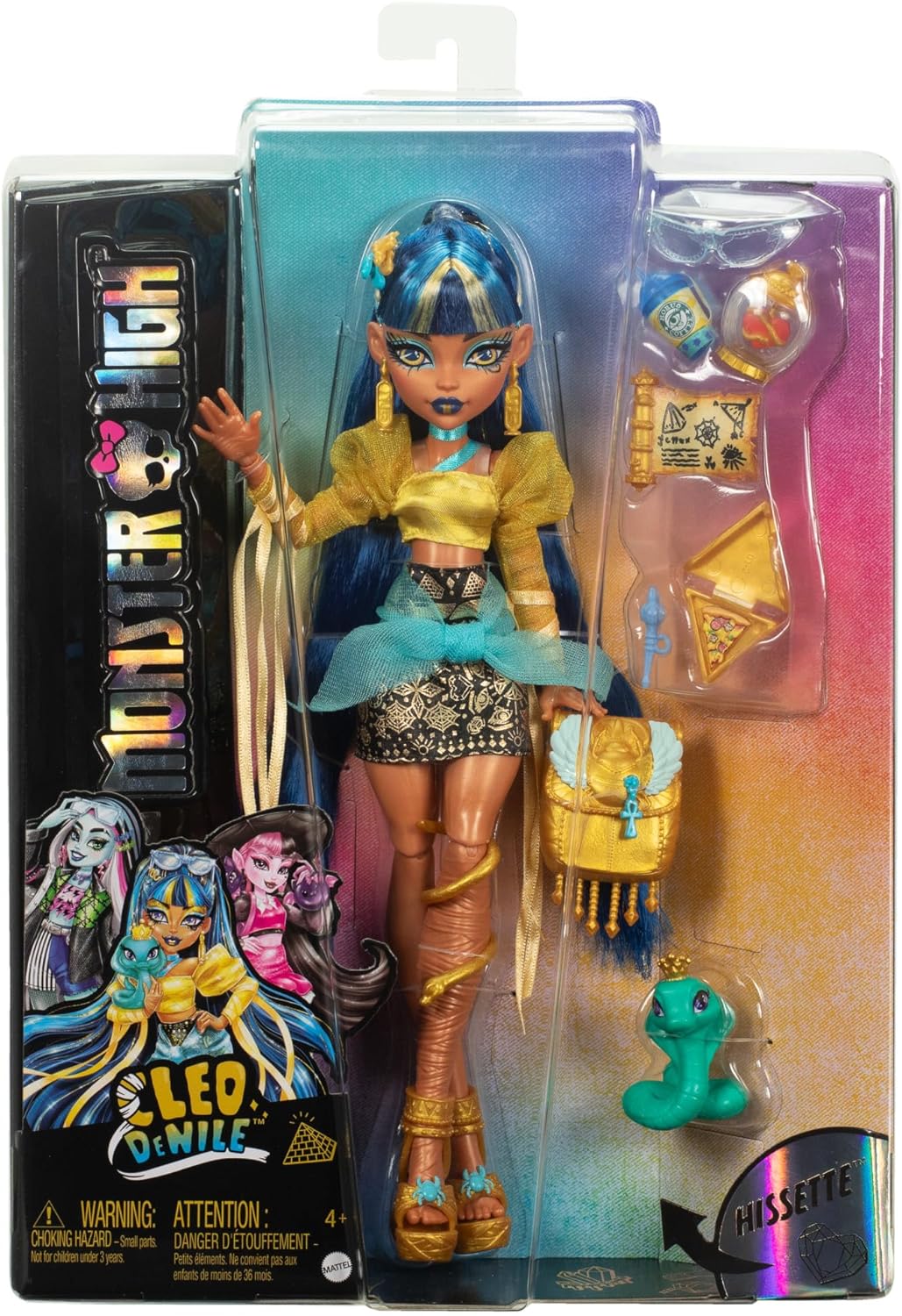 Monster High Cleo De Nile Doll in Golden Blouse & Layered Skirt, Includes Pet Cobra Hissette & Accessories like a Backpack, Snack & Scroll