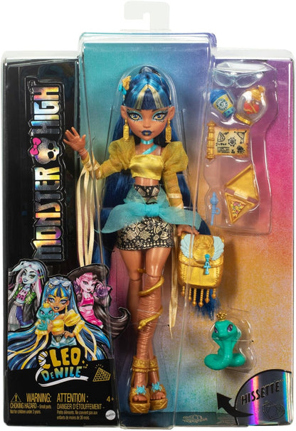 Monster High Cleo De Nile Doll in Golden Blouse & Layered Skirt, Includes Pet Cobra Hissette & Accessories like a Backpack, Snack & Scroll