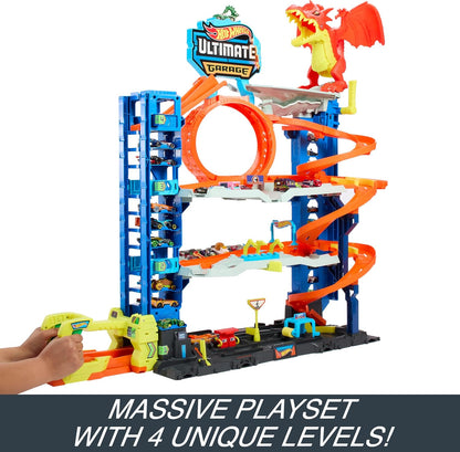 Hot Wheels Ultimate Garage Toy Car Track – Giant Playset with Dragon Attack, Elevator & Die-Cast Vehicles Storage