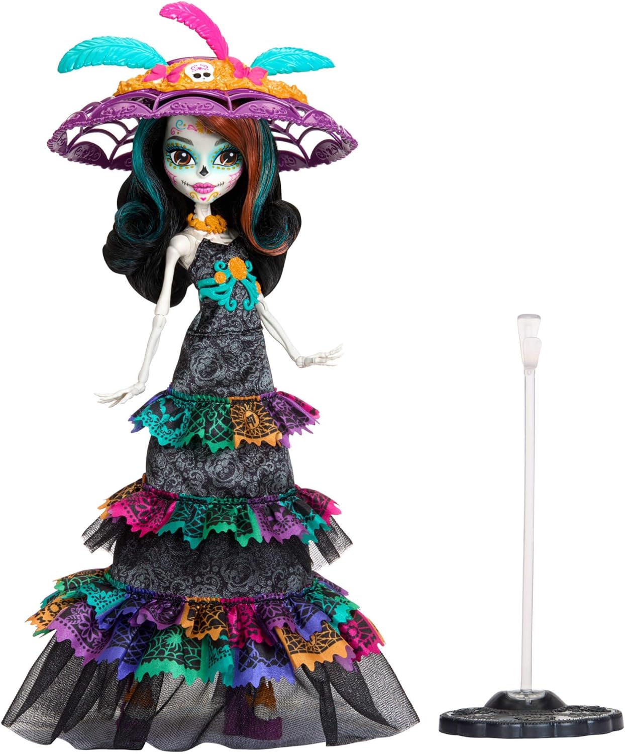 Monster High collector doll wearing rainbow ruffle dress and sugar skull face paint design