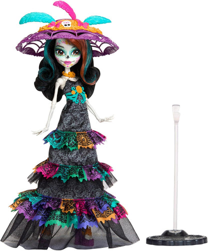 Monster High collector doll wearing rainbow ruffle dress and sugar skull face paint design