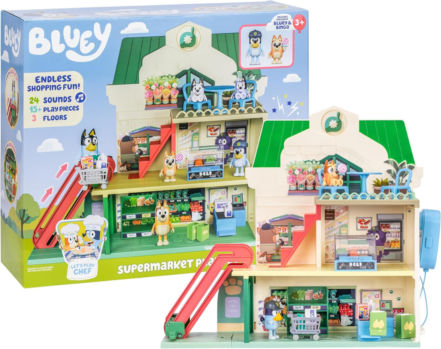 Bluey Supermarket Playset, 3 Different Levels with Exclusive Bluey and Bingo Figures. 24 Sounds and 15+ Play Pieces Plus Fun Intercom, Ages 3+