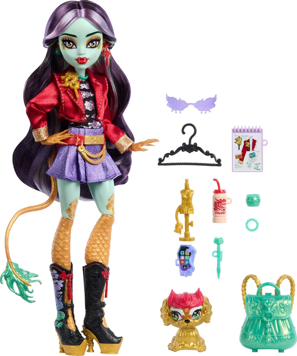 Monster High Jinafire Long Doll, Dragon with Pet Dog Cloudy “Yun Yun” and 7 Accessories like Sketch Pad, Yogurt Drink, Backpack and More