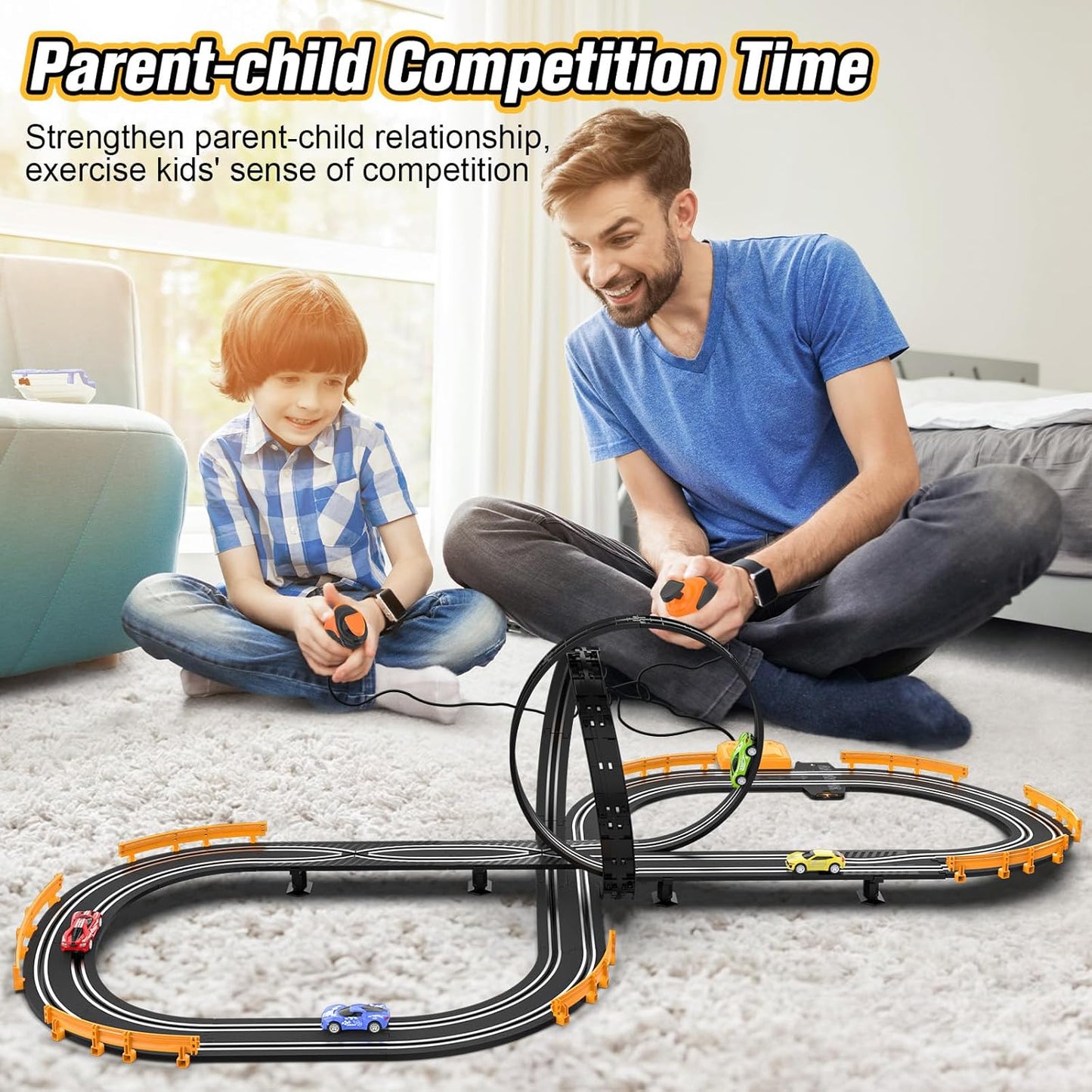 Slot Car Race Track Set for Boys and Girls – Battery or Electric Powered Dual Track Racing Game with 4 Fast Slot Cars, 2 Hand Controllers & Overpass – Perfect Toy Gift for Ages 6-12
