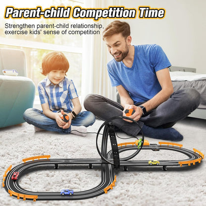 Slot Car Race Track Set for Boys and Girls – Battery or Electric Powered Dual Track Racing Game with 4 Fast Slot Cars, 2 Hand Controllers & Overpass – Perfect Toy Gift for Ages 6-12