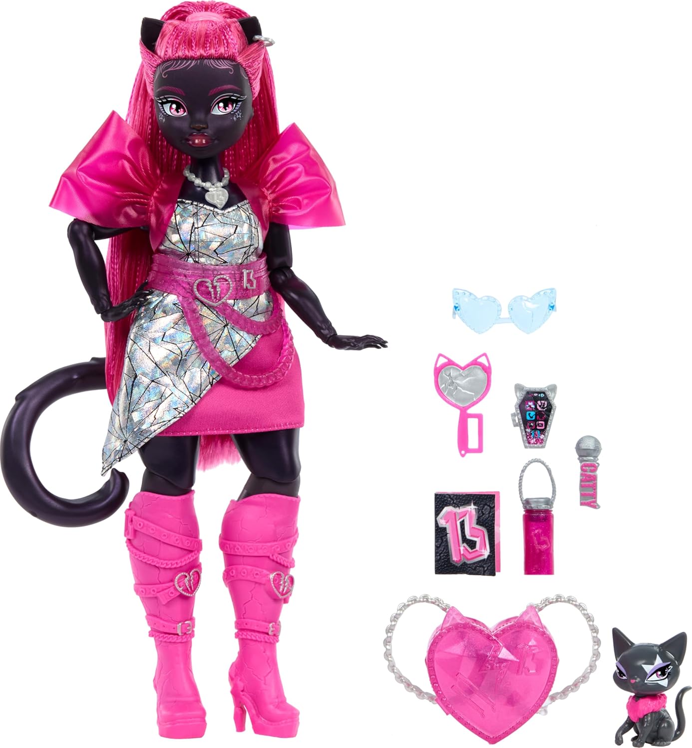 Monster High Catty Noir Doll, Werecat with Pet Cat Amulette & Accessories like Backpack, Music Book, Microphone & More