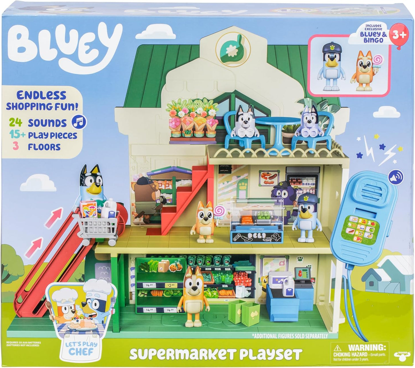 Bluey Supermarket Playset, 3 Different Levels with Exclusive Bluey and Bingo Figures. 24 Sounds and 15+ Play Pieces Plus Fun Intercom, Ages 3+