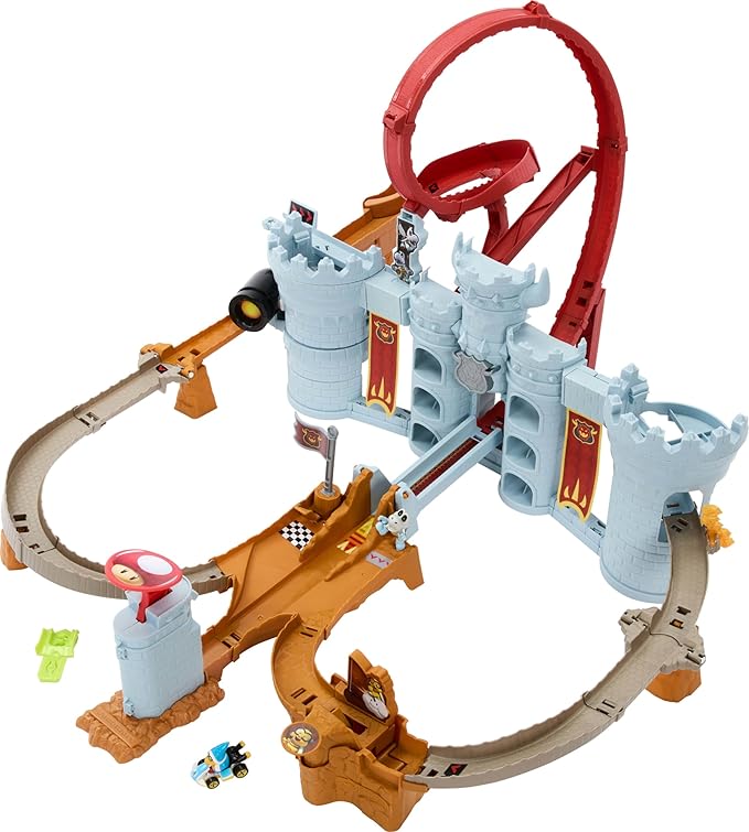 Hot Wheels Toy Car Track Set, Mario Kart Bowser’s Castle Playset & 1:64 Scale Die-Cast Kamek, Interactive Play, with Storage for 30+ Vehicles