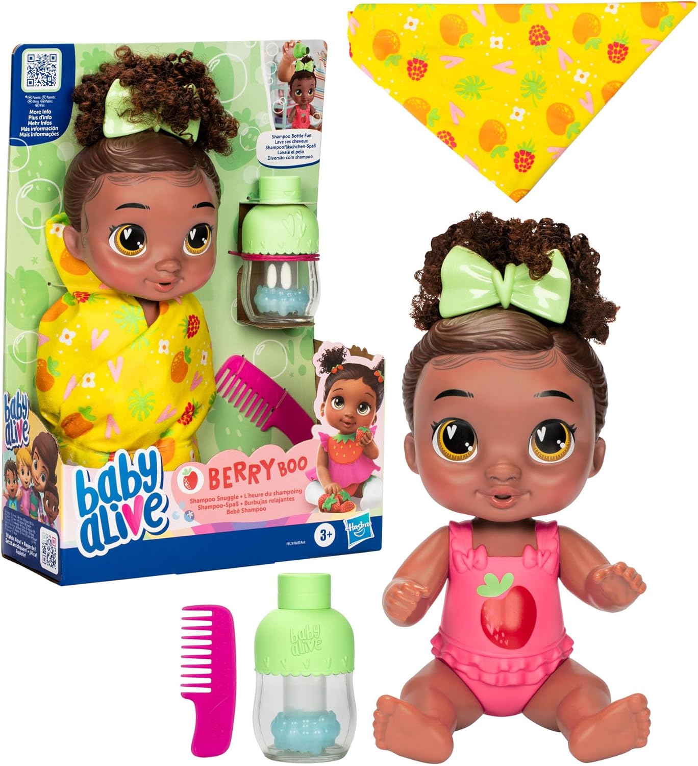 Baby Alive Shampoo Snuggle Berry Boo Black Hair 11 Inch Water Baby Doll Playset, Toys for 3 Year Old Girls & Boys & Up