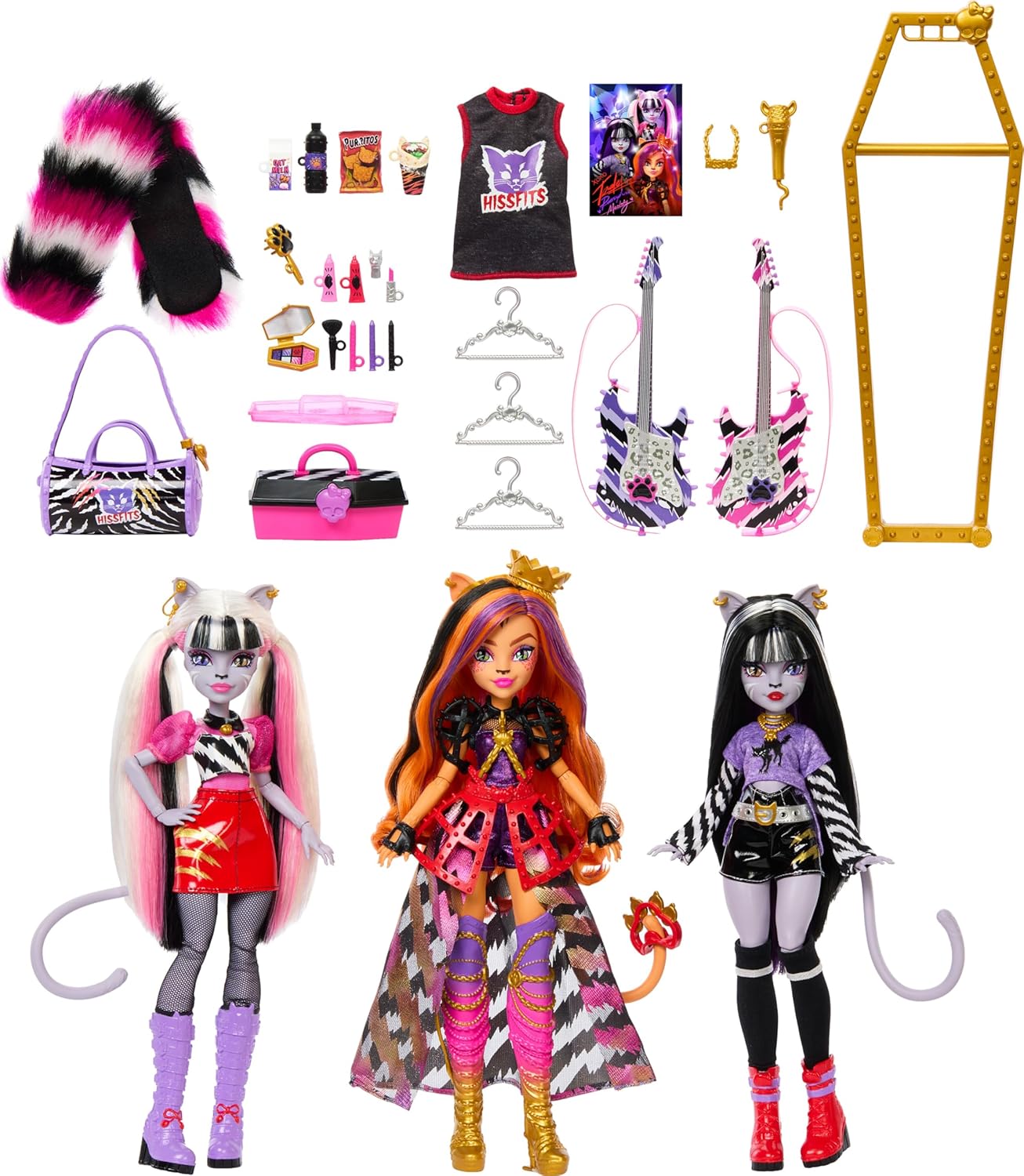 Mattel Monster High Dolls, the Hissfits Band Three-Pack with Toralei Stripe, Meowlody and Purrsephone