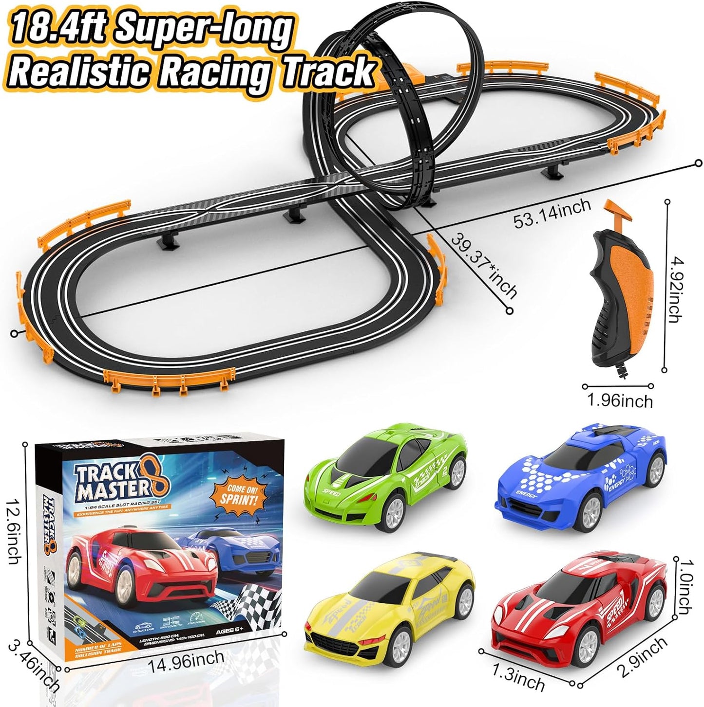 Slot Car Race Track Set for Boys and Girls – Battery or Electric Powered Dual Track Racing Game with 4 Fast Slot Cars, 2 Hand Controllers & Overpass – Perfect Toy Gift for Ages 6-12