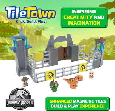 Tile Town Jurassic World Gate Escape Magnetic Tiles Set, 84 Piece Interactive Dinosaur STEM Toys Playset, Magnetic Animal Tiles for Kids Ages 3-6