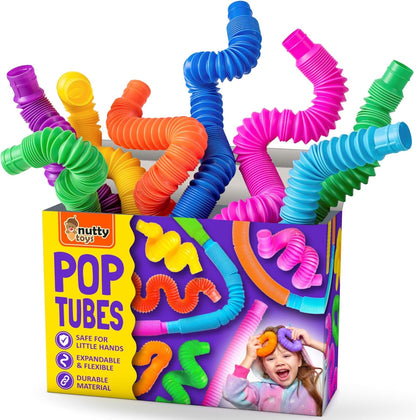 Nutty Toys Pop Tubes - Sensory Toys - Endless Creativity & Fun for Kids and Toddlers |8 Pack Large| - Connect & Pop! Top ADHD Autism Fidget 2025, Best Boy & Girl Christmas Stocking Stuffers Gift Idea
