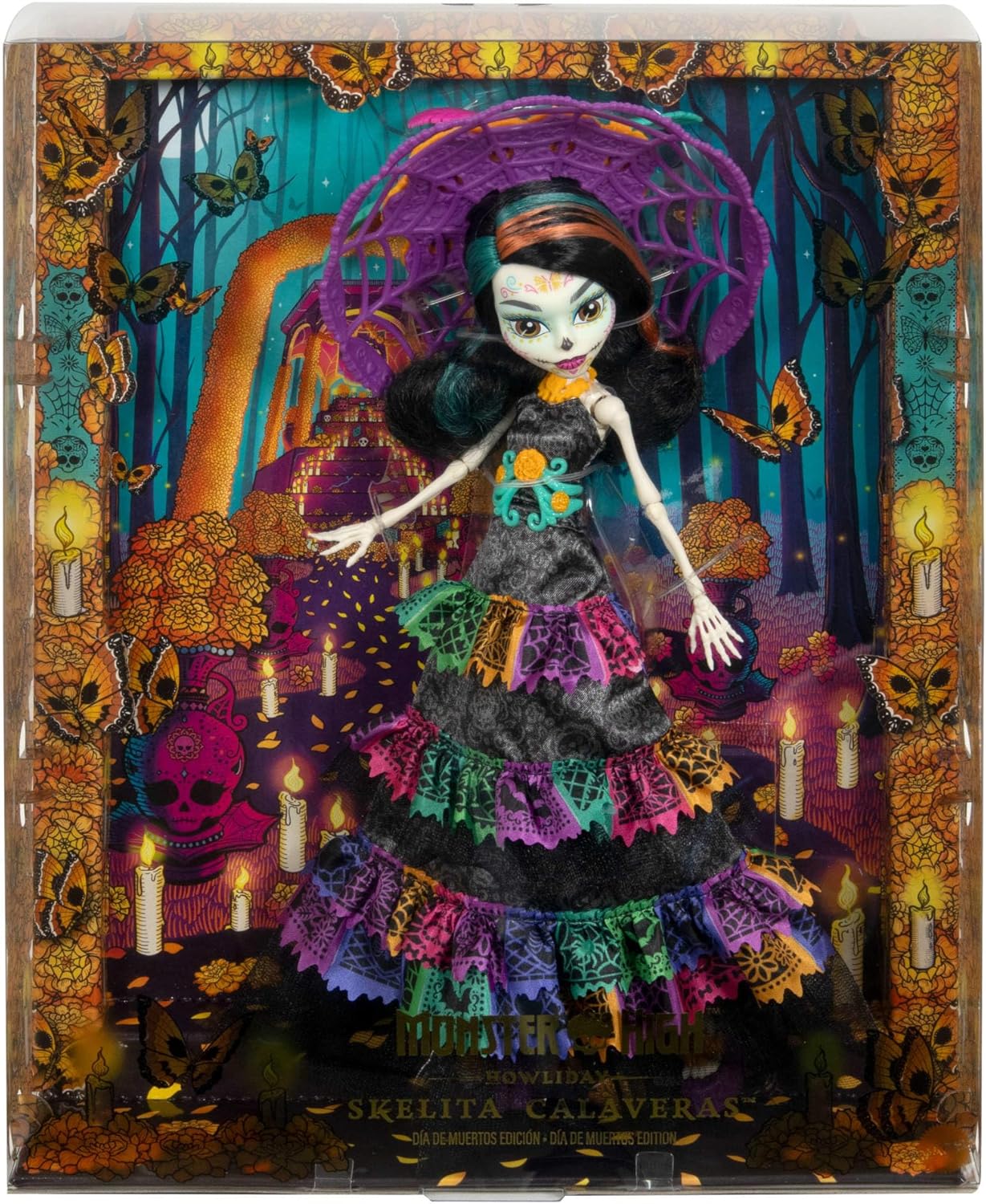 Monster High Día de los Muertos doll with black layered gown and festive multicolor details