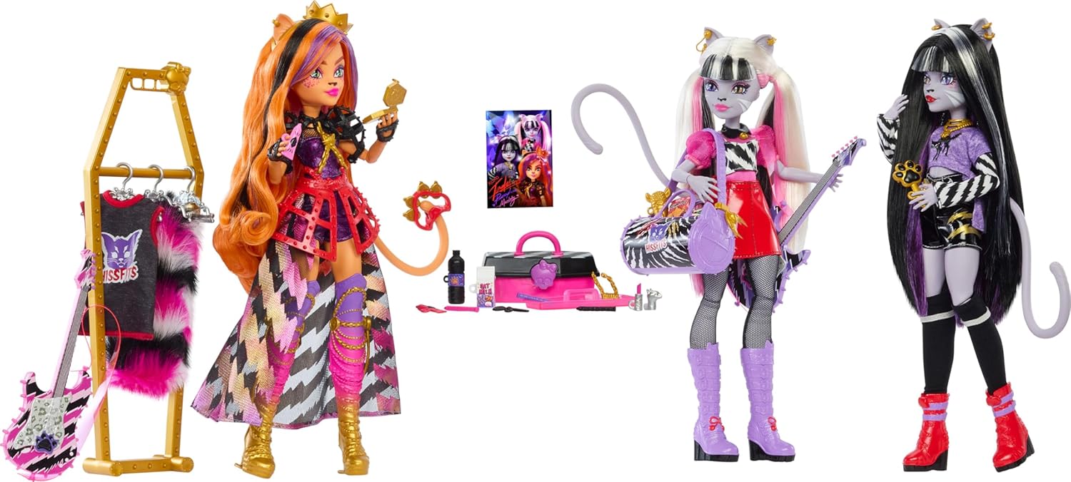 Mattel Monster High Dolls, the Hissfits Band Three-Pack with Toralei Stripe, Meowlody and Purrsephone