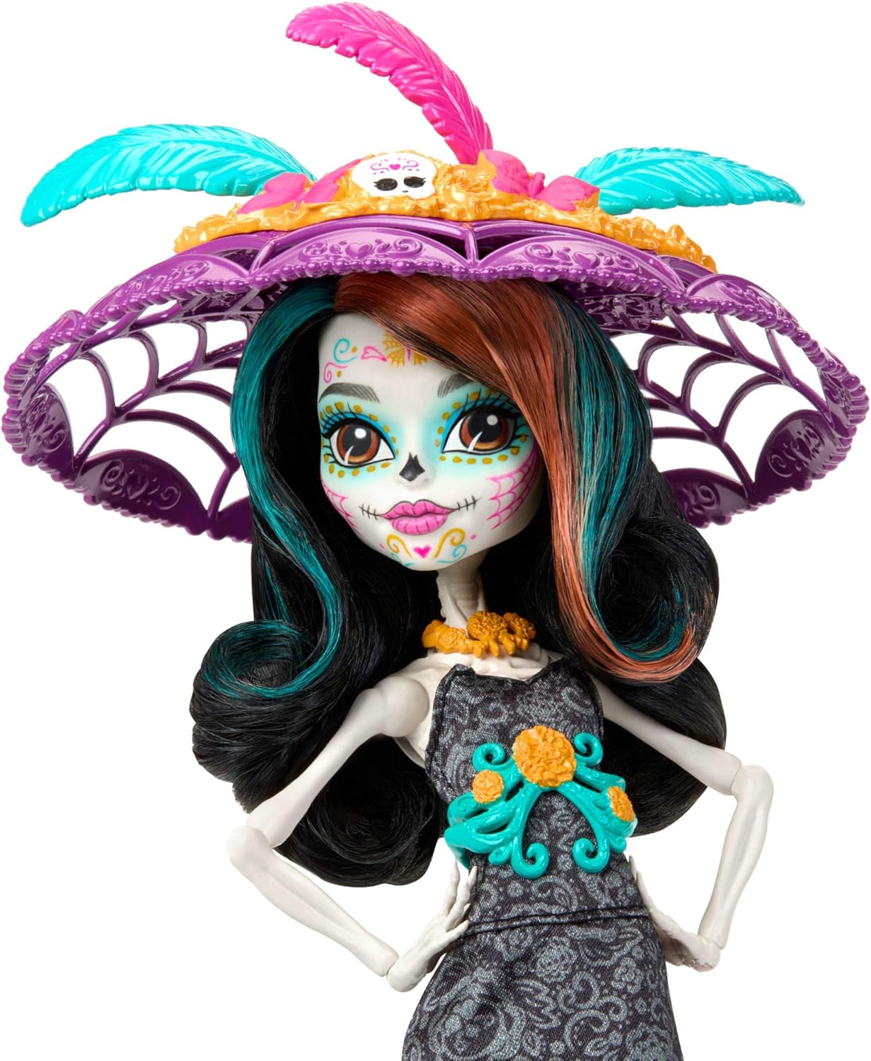Monster High Day of the Dead fashion doll with multicolor layered gown and feathered hat