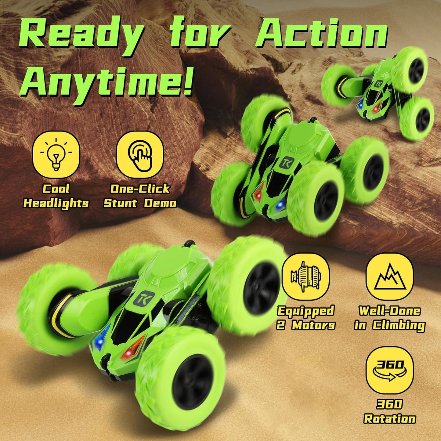 Threeking Remote Control Car RC Cars RC Stunt Car Toy with Lights Double-Sided Driving Indoor Outdoor Toys Gifts Presents for 6 7 8 9 10 11 12 Year Old Kids Boys Girls,Green
