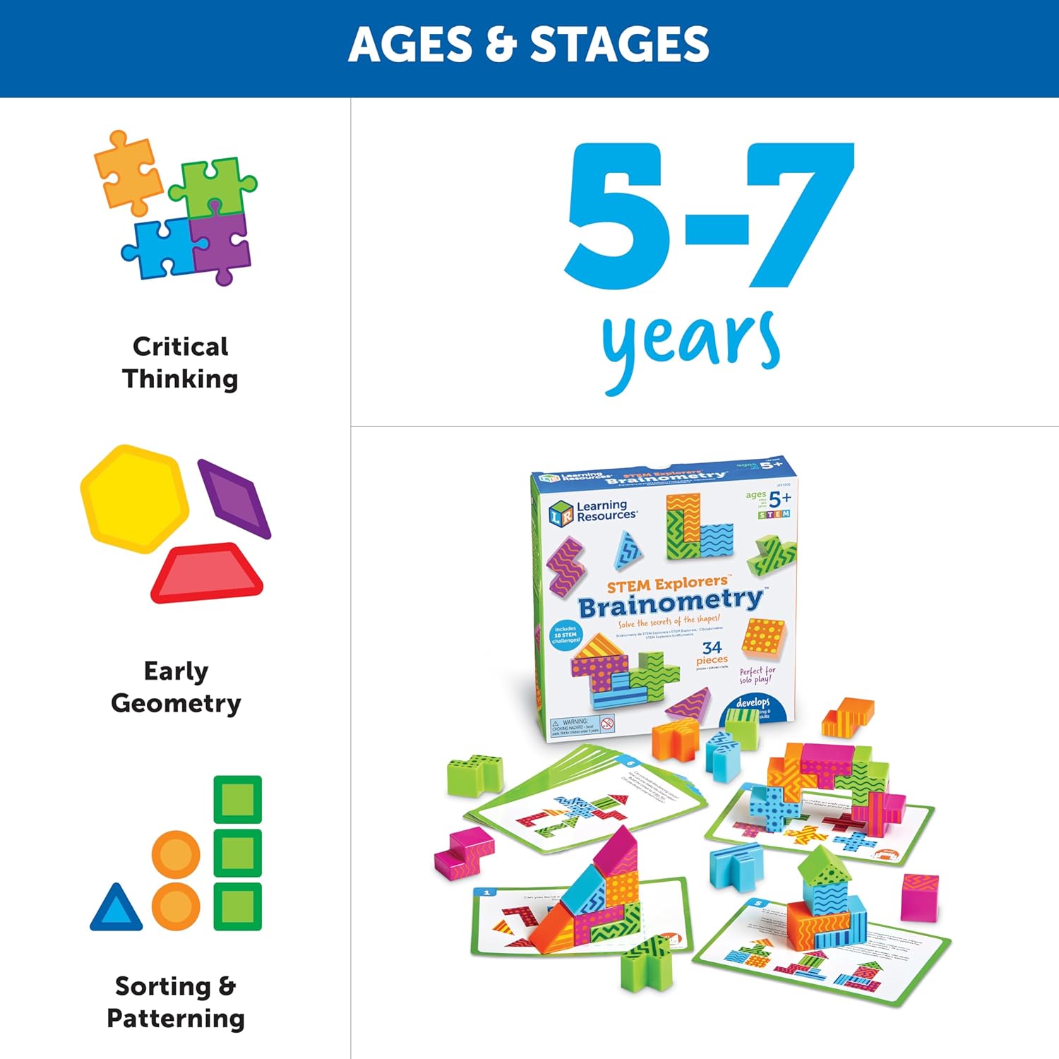 STEM Explorers Brainometry - 34 Pieces, Ages 5+ STEM Toys for Kids, Brain Teaser Toys and Games, Kindergarten Games,Back to School