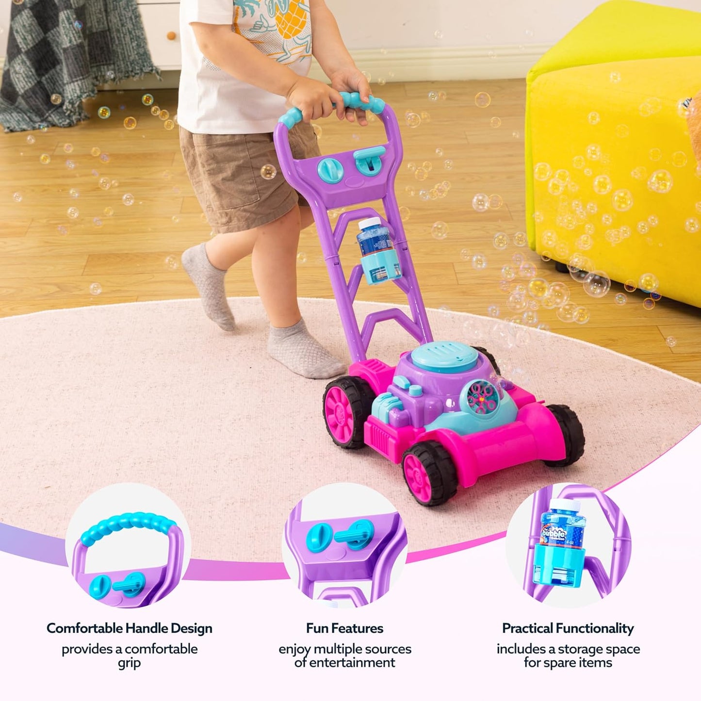 SLOOSH Bubble Lawn Mower Toddler Toys - Kids Bubble Machine Summer Outdoor Push Toy Games, Backyard Garden outside Play Toddlers Preschool Boys Girls Birthday Gifts (Pink)