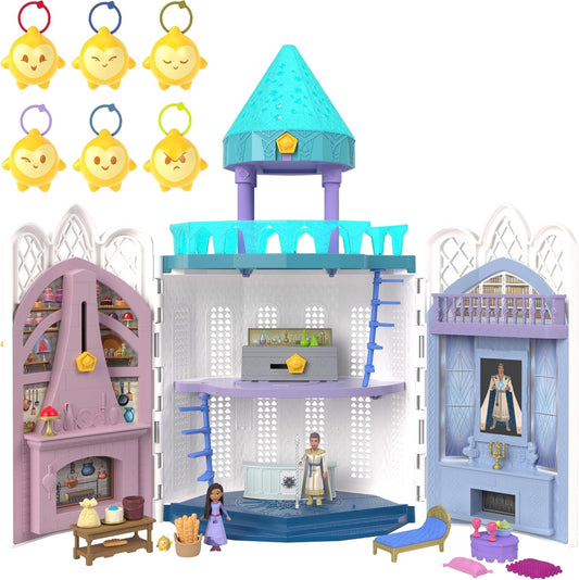 Mattel Disney Wish Rosas Castle Dollhouse Playset with 2 Posable Mini Dolls + Mattel ​Disney Wish Mini Doll Surprise, Keychain Compact (Styles May Vary)