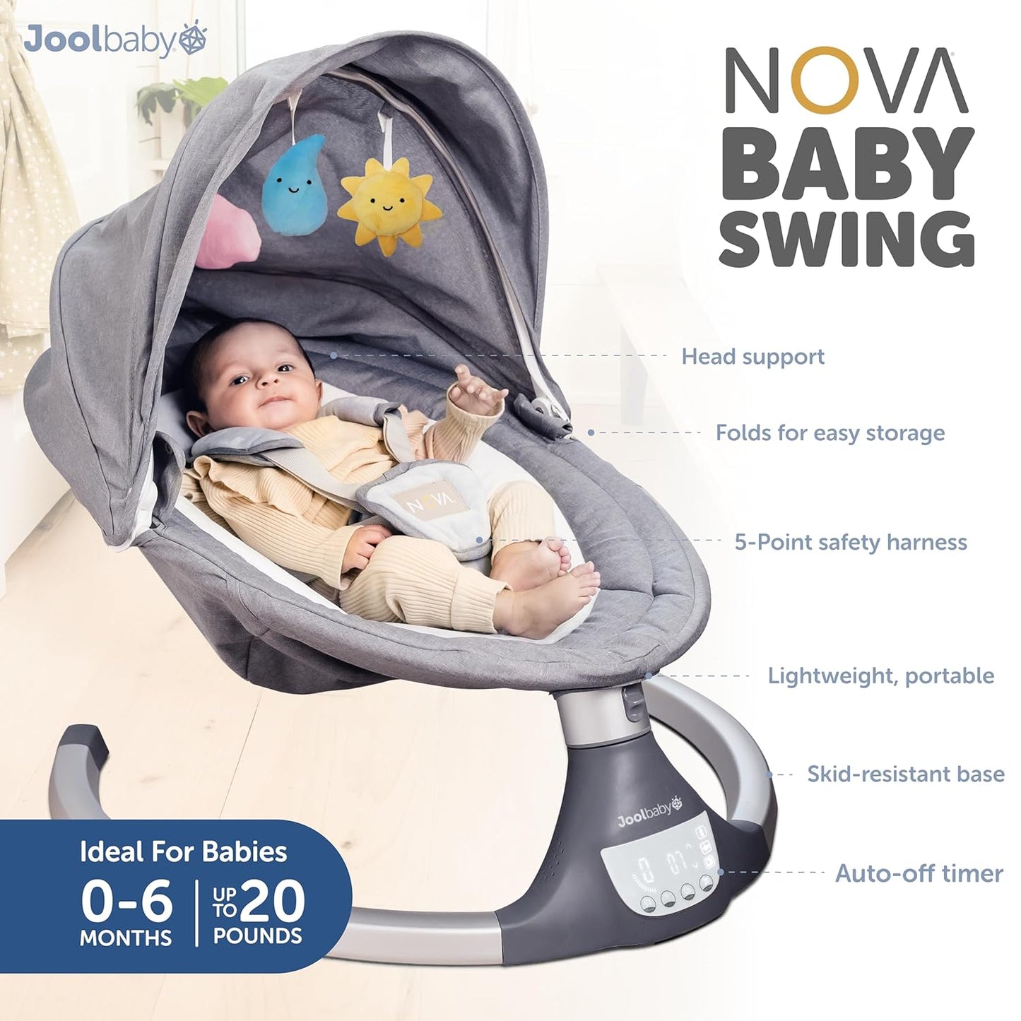 JOOL BABY Nova Motorized Infant Baby Swing - Gray (2024 version)