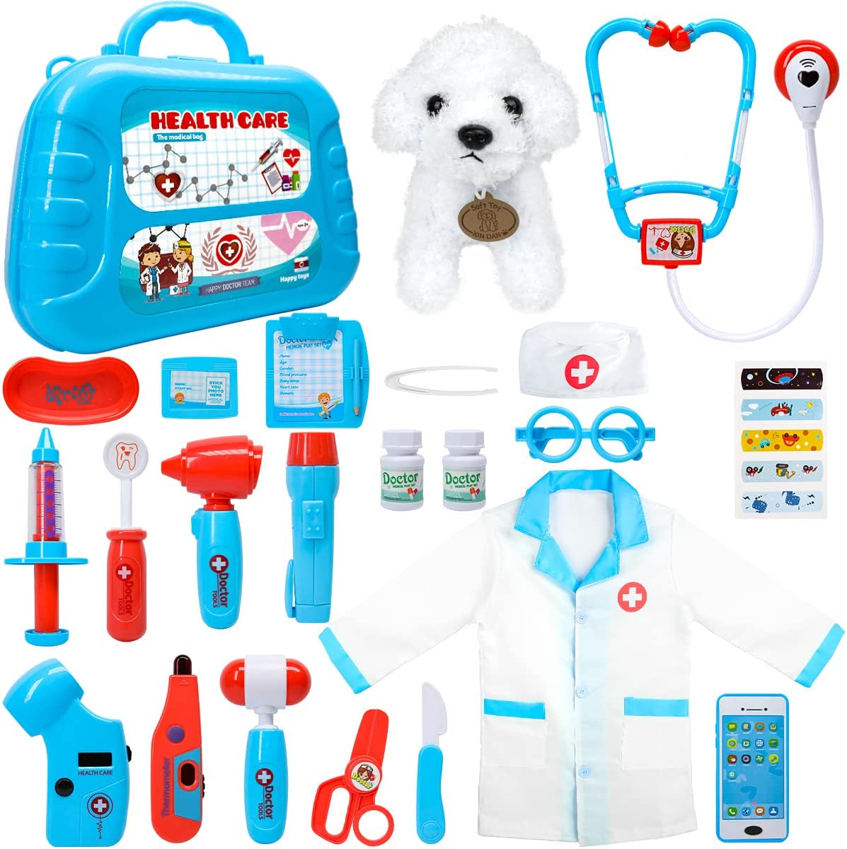 Toy Doctor Kit for Girls - Pretend Play Doctor Set with Dog Toy, Carrying Bag, Stethoscope Toy & Dress up Costume - Doctor Play Gift for Kids Toddlers Ages 3 4 5 6 Year Old for Role Play