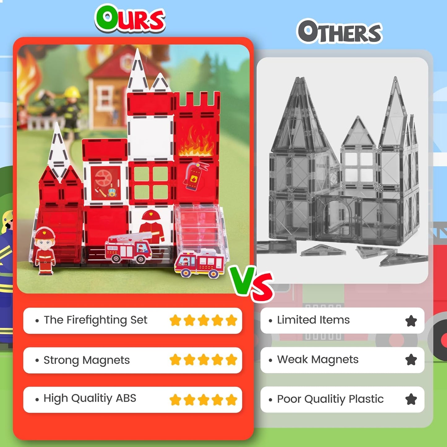 Magnetic Tiles Firefighter Set, Magnetiles with Firefighter, Magnetic Tiles for Kids Ages 4-8, STEM Toys, Magnet Blocks for Boys and Girls, Creative Building Toys, Firefighter