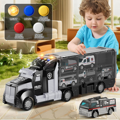 Police Trucks Toy Set with Play Mat, Carrier Truck Play Vehicles Set for 3 4 5 6 Years Old Boys Kids, Die-Cast Car Toy for Toddlers 3-4 Years, Birthday Gifts Toys for 3-9 Year Old Boys