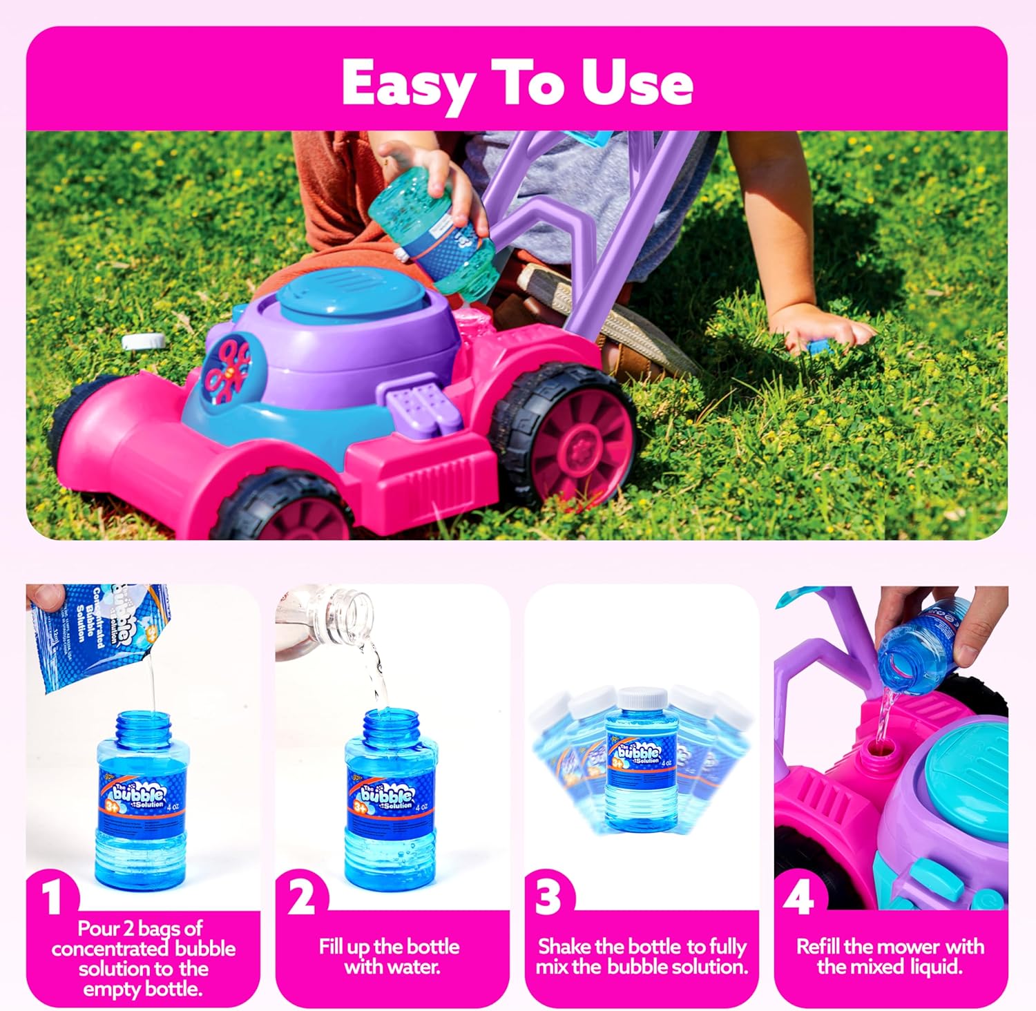 SLOOSH Bubble Lawn Mower Toddler Toys - Kids Bubble Machine Summer Outdoor Push Toy Games, Backyard Garden outside Play Toddlers Preschool Boys Girls Birthday Gifts (Pink)