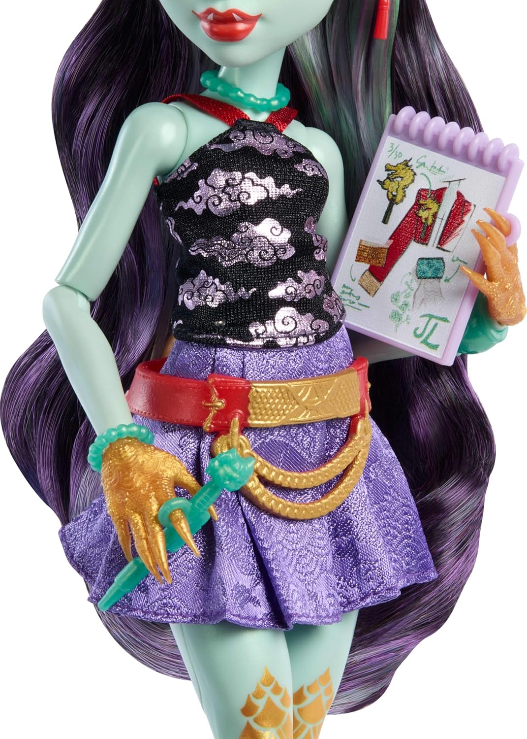 Monster High Jinafire Long Doll, Dragon with Pet Dog Cloudy “Yun Yun” and 7 Accessories like Sketch Pad, Yogurt Drink, Backpack and More