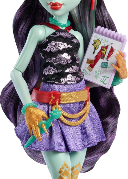 Monster High Jinafire Long Doll, Dragon with Pet Dog Cloudy “Yun Yun” and 7 Accessories like Sketch Pad, Yogurt Drink, Backpack and More