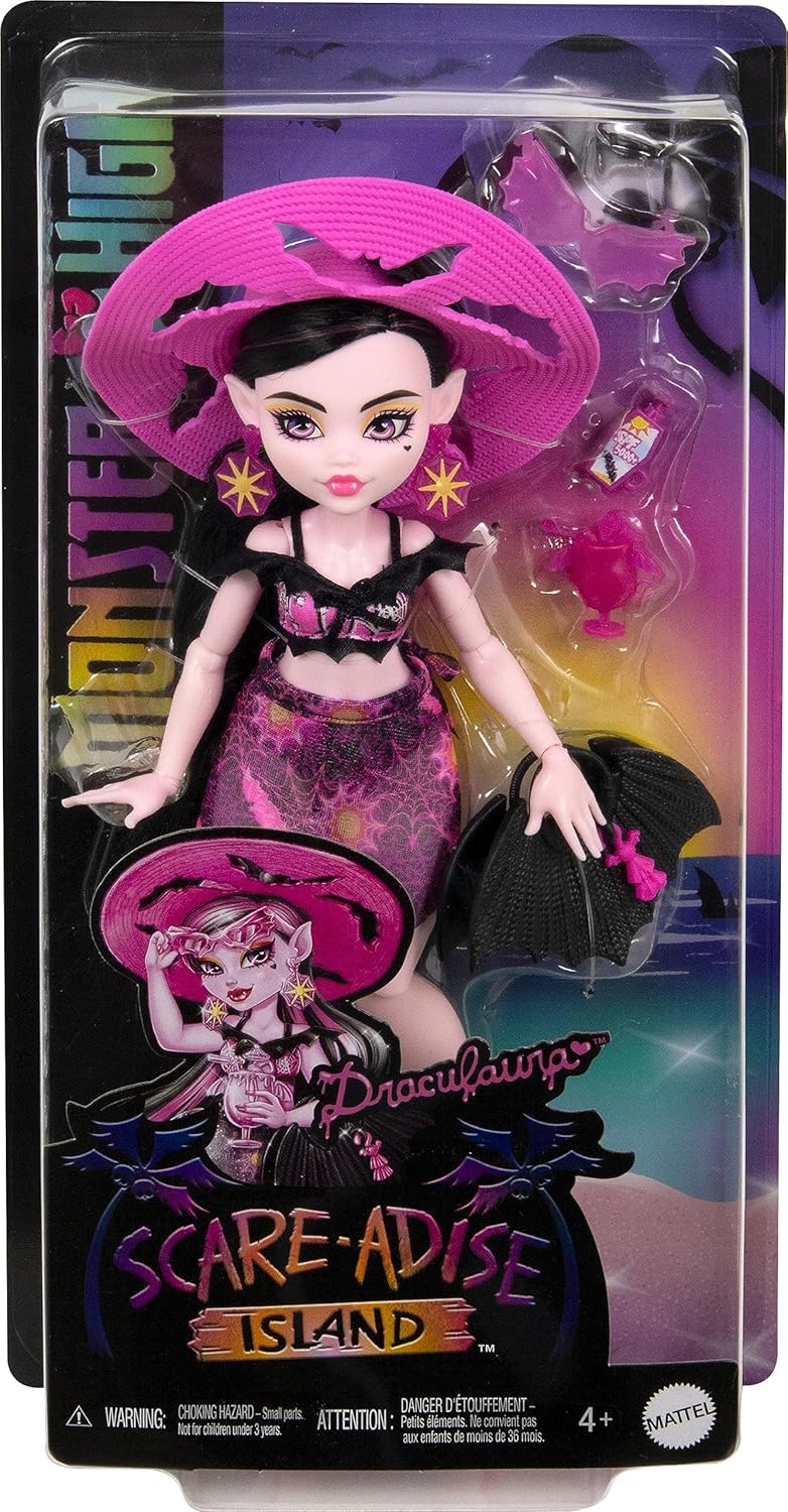 Monster High Scare-Adise Island Draculaura Doll with Swimsuit, Sarong & Beach Accessories like Hat, Sunscreen & Tote