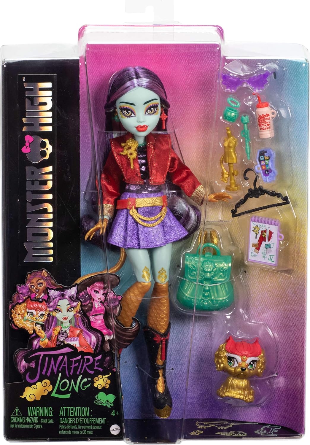Monster High Jinafire Long Doll, Dragon with Pet Dog Cloudy “Yun Yun” and 7 Accessories like Sketch Pad, Yogurt Drink, Backpack and More