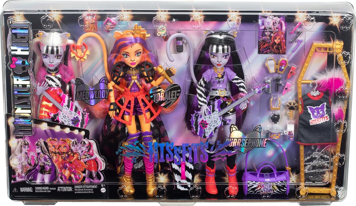 Mattel Monster High Dolls, the Hissfits Band Three-Pack with Toralei Stripe, Meowlody and Purrsephone